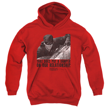 Red youth hoodie for ages 8 to 12 with The Princess Bride Damper graphic
