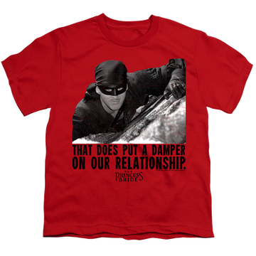 Red youth t-shirt for ages 8 to 12 with The Princess Bride Damper graphic
