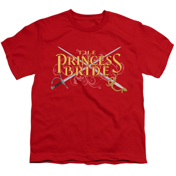Red youth t-shirt for ages 8 to 12 with The Princess Bride Swords graphic