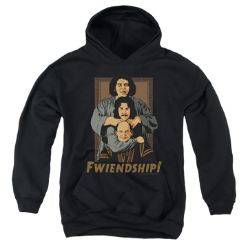Black youth hoodie for ages 8 to 12 with The Princess Bride Fwiendship graphic
