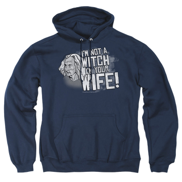 Navy pullover hoodie with The Princess Bride Not A Witch graphic