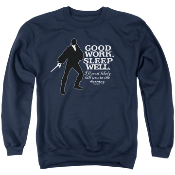 Navy men's crewneck sweatshirt with The Princess Bride Good Work graphic