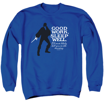 Royal men's crewneck sweatshirt with The Princess Bride Good Work graphic