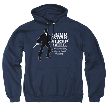 Navy pullover hoodie with The Princess Bride Good Work graphic