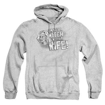 Athletic heather pullover hoodie with The Princess Bride Not A Witch graphic