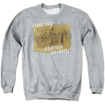 Athletic heather men's crewneck sweatshirt with The Princess Bride Stormin Da Castle graphic