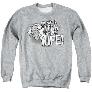 Athletic heather men's crewneck sweatshirt with The Princess Bride Not A Witch graphic