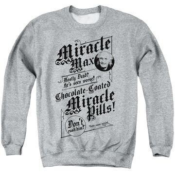Athletic heather men's crewneck sweatshirt with The Princess Bride Miracle Max graphic