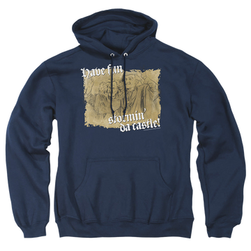 Navy pullover hoodie with The Princess Bride Stormin Da Castle graphic