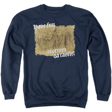 Navy men's crewneck sweatshirt with The Princess Bride Stormin Da Castle graphic
