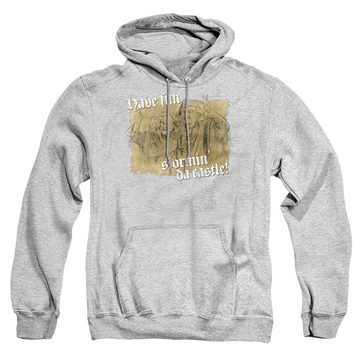 Athletic heather pullover hoodie with The Princess Bride Stormin Da Castle graphic