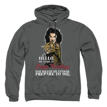 Charcoal pullover hoodie with The Princess Bride Hello graphic