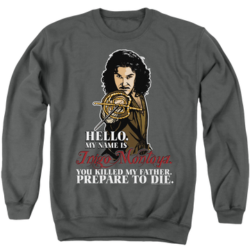 Charcoal men's crewneck sweatshirt with The Princess Bride Hello graphic