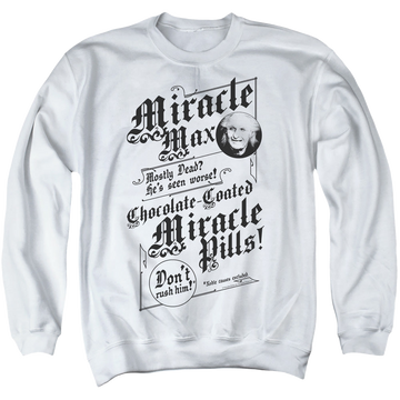 White men's crewneck sweatshirt with The Princess Bride Miracle Max graphic