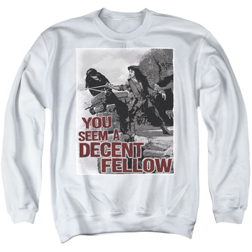 White men's crewneck sweatshirt with The Princess Bride Fellow graphic