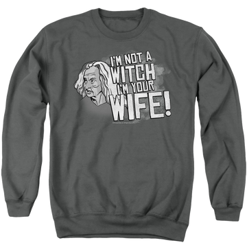 Charcoal men's crewneck sweatshirt with The Princess Bride Not A Witch graphic