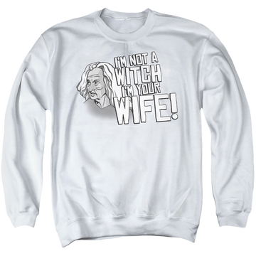 White men's crewneck sweatshirt with The Princess Bride Not A Witch graphic