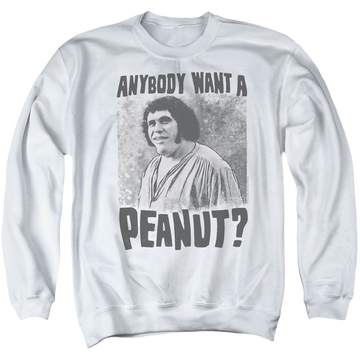 White men's crewneck sweatshirt with The Princess Bride A Giant Snack graphic
