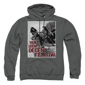 Charcoal pullover hoodie with The Princess Bride Fellow graphic
