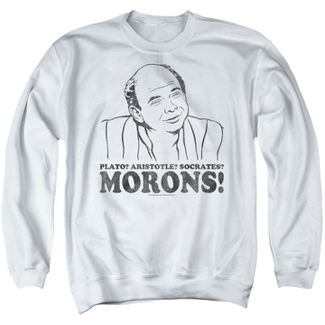 White men's crewneck sweatshirt with The Princess Bride Morons graphic