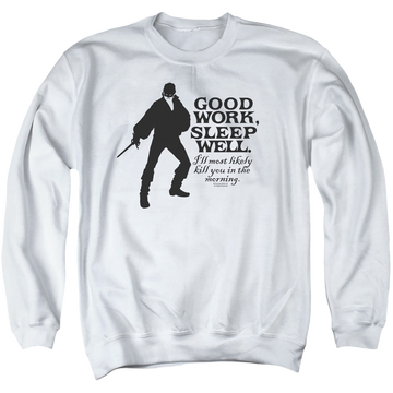 White men's crewneck sweatshirt with The Princess Bride Good Work graphic
