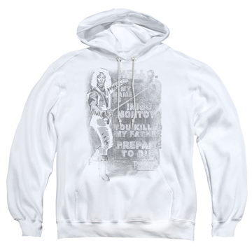 White pullover hoodie with The Princess Bride Hello Again graphic