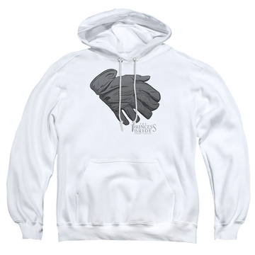 White pullover hoodie with The Princess Bride Six Fingered Glove graphic