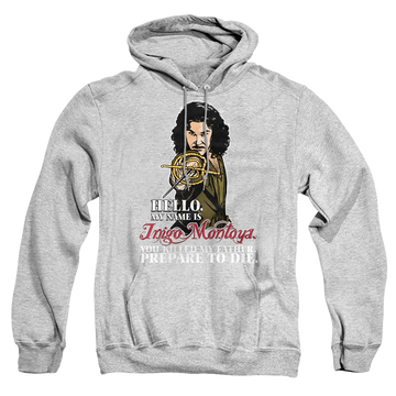 Athletic heather pullover hoodie with The Princess Bride Hello graphic