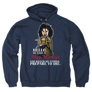 Navy pullover hoodie with The Princess Bride Hello graphic