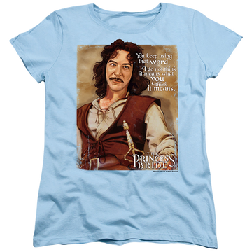 Light blue women's t-shirt with The Princess Bride Word graphic
