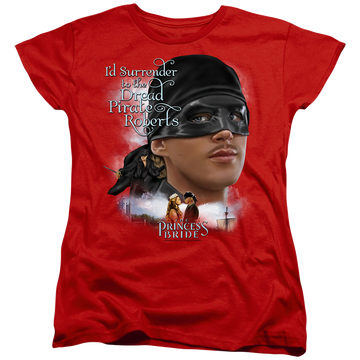 Red women's t-shirt with The Princess Bride Surrender graphic