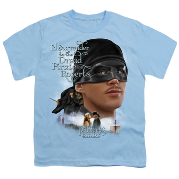 Light blue youth t-shirt for ages 8 to 12 with The Princess Bride Surrender graphic