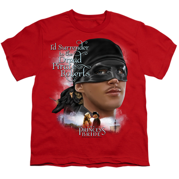 Red youth t-shirt for ages 8 to 12 with The Princess Bride Surrender graphic