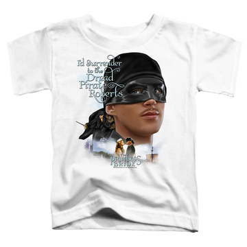 White toddler t-shirt with The Princess Bride Surrender graphic