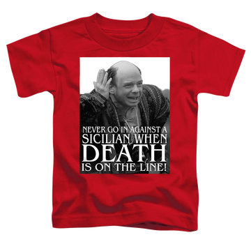 Red kid's t-shirt for ages 4 to 7 with The Princess Bride Sicilian graphic