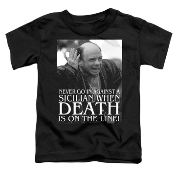 Black toddler t-shirt with The Princess Bride Sicilian graphic