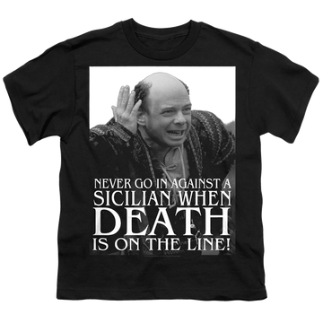 Black youth t-shirt for ages 8 to 12 with The Princess Bride Sicilian graphic