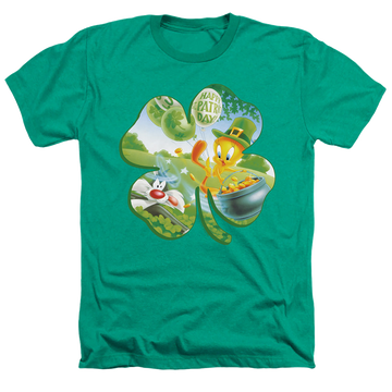 Kelly green men's heather t-shirt with St. Patrick's Day Looney Tunes/Tweety Shamrock graphic