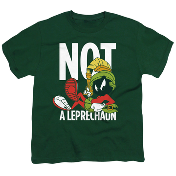 Hunter green youth t-shirt for ages 8 to 12 with St. Patrick's Day Not A Leprechaun graphic