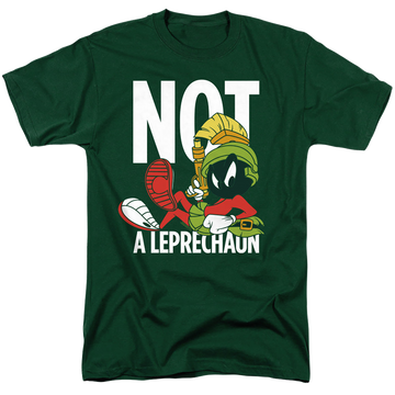 Hunter green men's regular fit t-shirt with St. Patrick's Day Not A Leprechaun graphic