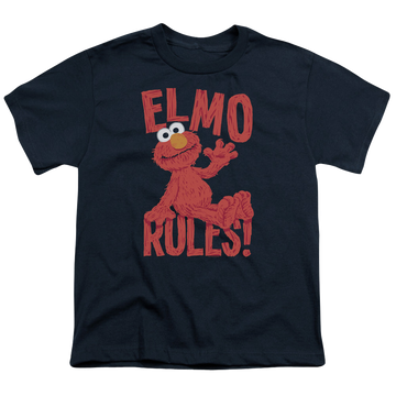 Navy youth t-shirt for ages 8 to 12 with Sesame Street Elmo Rules graphic