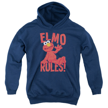 Navy youth hoodie for ages 8 to 12 with Sesame Street Elmo Rules graphic