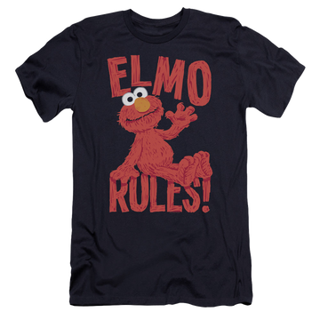 Navy men's premium slim fit t-shirt with Sesame Street Elmo Rules graphic