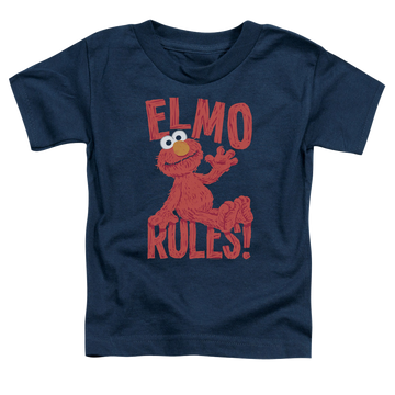 Navy kid's t-shirt for ages 4 to 7 with Sesame Street Elmo Rules graphic
