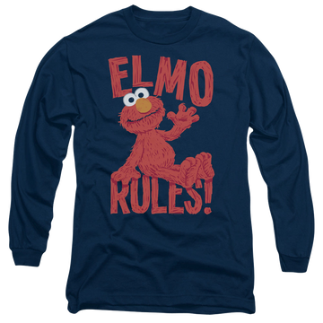 Navy men's long sleeve t-shirt with Sesame Street Elmo Rules graphic