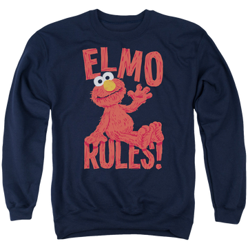Navy men's crewneck sweatshirt with Sesame Street Elmo Rules graphic