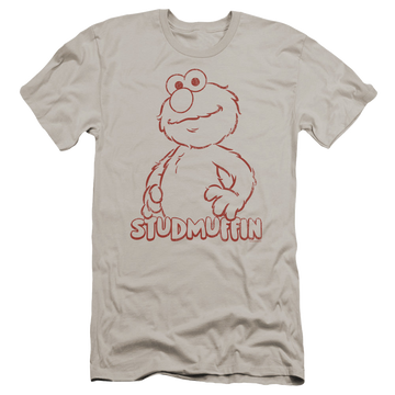 Silver men's premium slim fit t-shirt with Sesame Street Studmuffin graphic