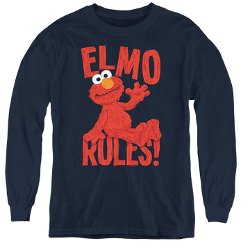 Navy youth long sleeve t-shirt with Sesame Street Elmo Rules graphic