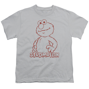 Silver youth t-shirt for ages 8 to 12 with Sesame Street Studmuffin graphic