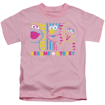 Pink kid's t-shirt for ages 4 to 7 with Sesame Street See Em Why graphic